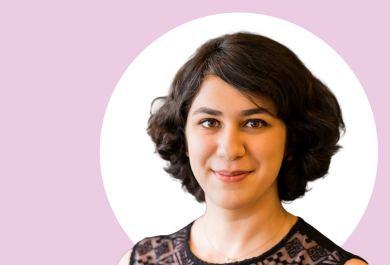 A photo of Bahar Mostafiz with pink and white background.