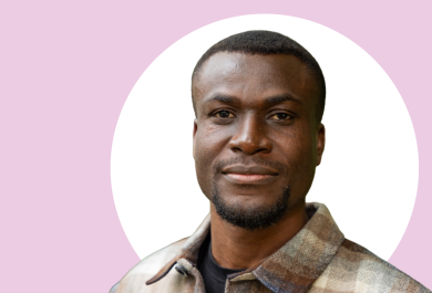 A photo of Emmanuel Dzage with pink and white background.