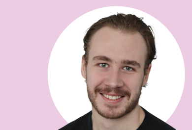 A photo of Joshua Baggott with pink and white background.