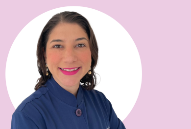 A photo of Marilia Canadas, pink and white background.