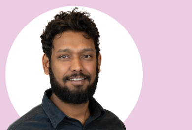 A photo of Pavan Chikkanarayanaswamy with pink and white background.