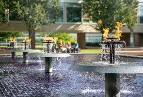 university fountain and torches