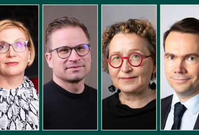 Maija Setälä, Mikko Niemelä, Anu Koivunen ja Antti Saraste lähikuvissa, neljä yksittäistä kuvaa yhdistetty.