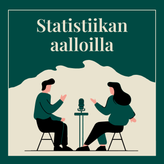 Kansikuva, jossa kaksi piirroshahmoa mikrofonin äärellä ja yllä teksti "Statistiikan aalloilla"
